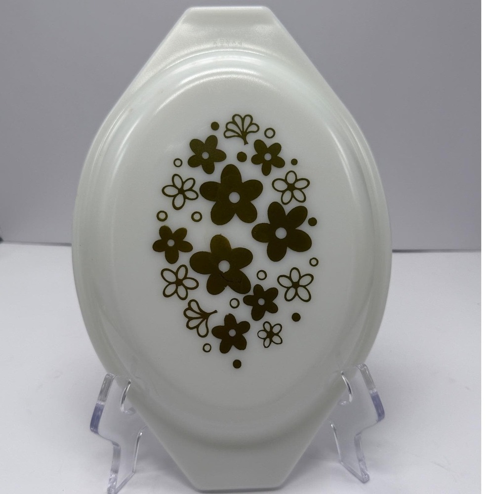 Pyrex Crazy Daisy Spring Blossom Green Oval LID Milk Glass Vintage